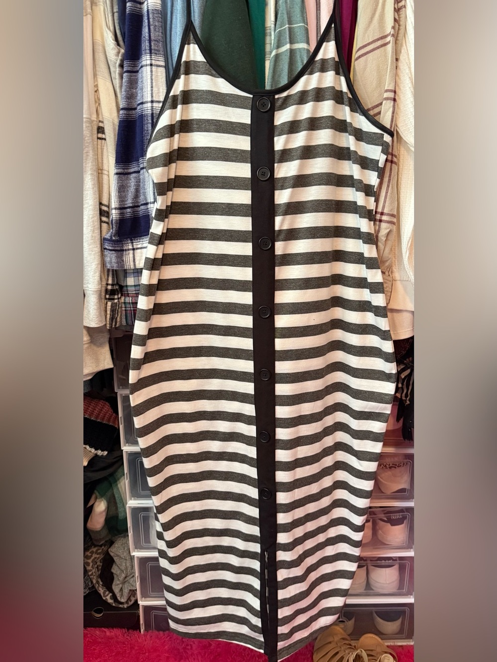 Striped Button-Front Midi Dress in Black and White